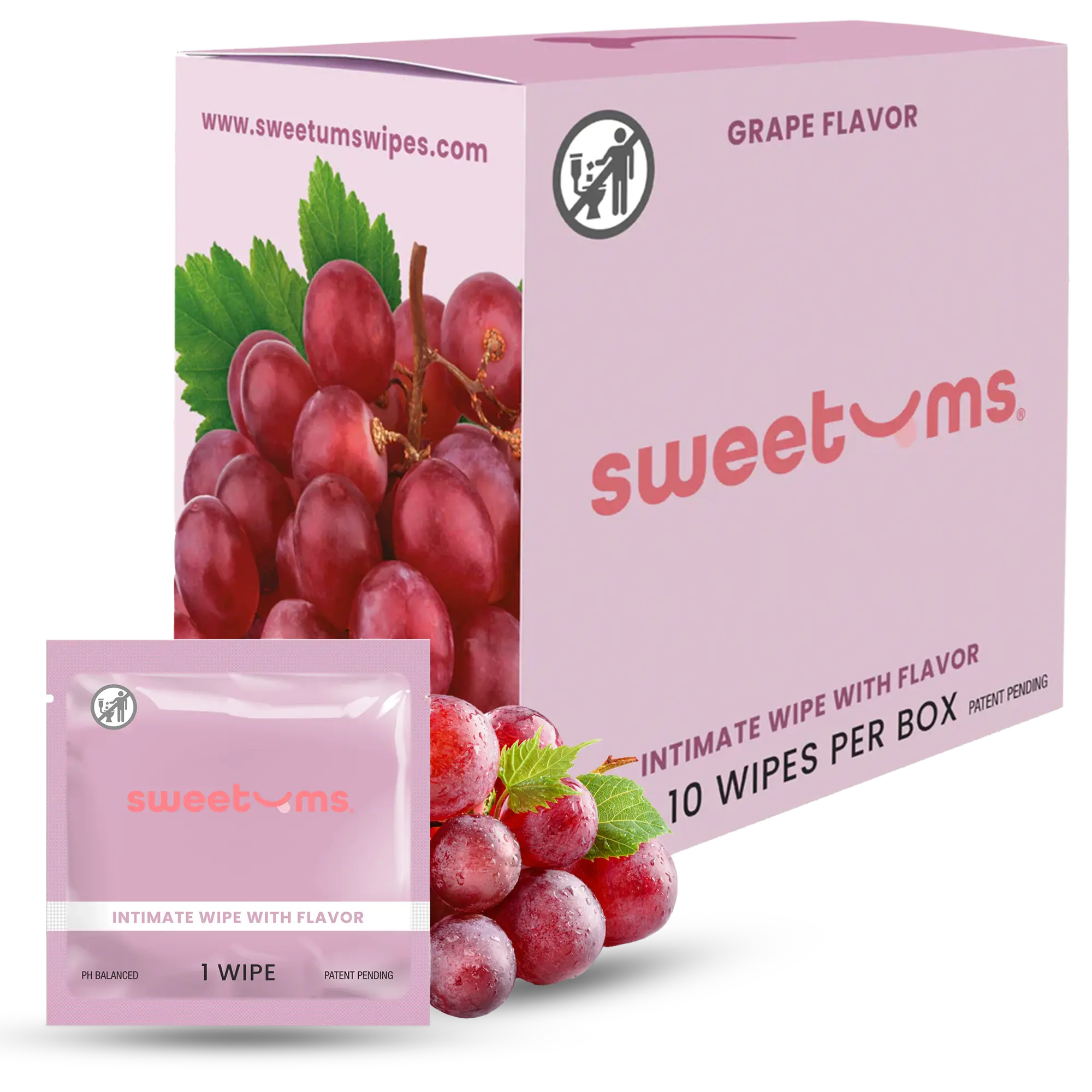 SWEETUMS Grape Flavored Wipes Feminine Wipes - 10 Wipes per Box - Scented, Gentle, Personal Care, pH Balanced, Gynecologist Tested, Dermologist Tested