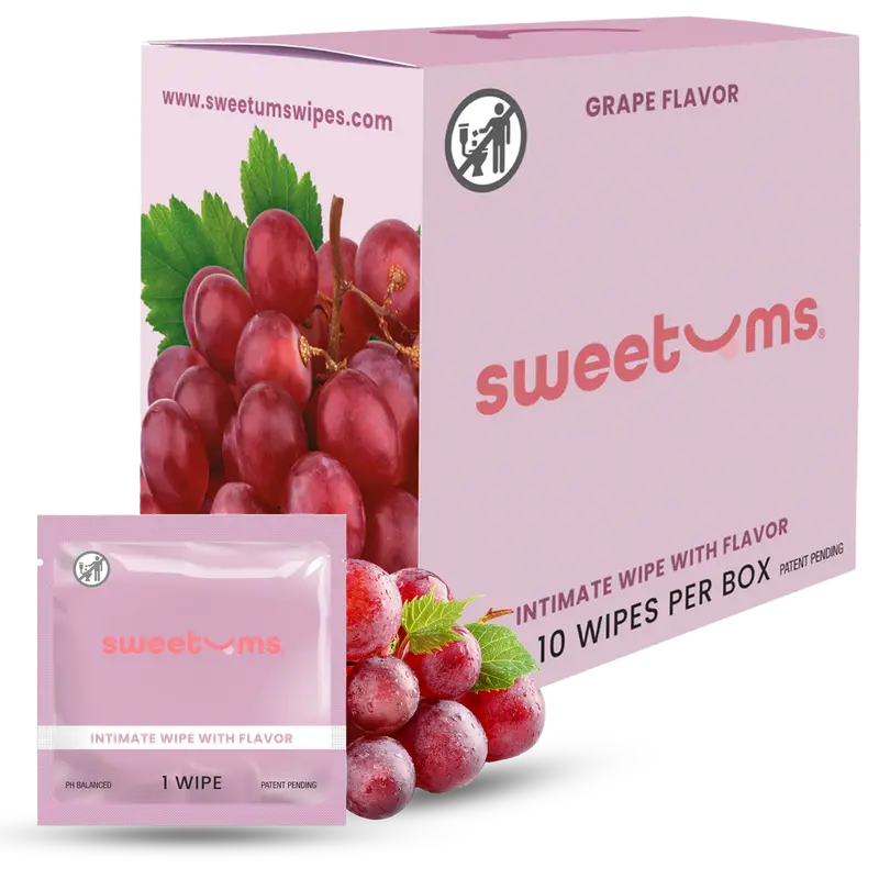 SWEETUMS Grape Flavored Wipes Feminine Wipes - 10 Wipes per Box - Scented, Gentle, Personal Care, pH Balanced, Gynecologist Tested, Dermologist Tested