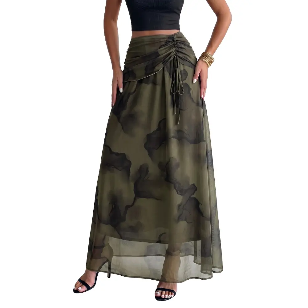 Dokotoo Women's Boho Maxi Skirt High Waist Floral Print Flowy Long Skirt with Drawstring, Mesh Layered Beach Vacation Festival Outfit