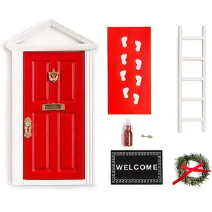 Christmas Wooden Miniature Red Magical Elf Door Kit for Wall Decoration Elf Arrival Activity Decor Ideas