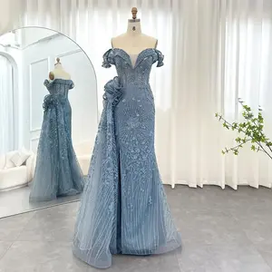 Luxurious Dubai Mermaid Evening Dresses in Blue with 3D Flowers and Overskirt: Elegant Choice for Plus Size Women's Wedding Party Gown