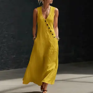 Women's Breathable Linen Maxi Dress Sleeveless V Neck Asymmetrical Button Loose Fit Casual Dress with Pockets for Summer Beach Vacation