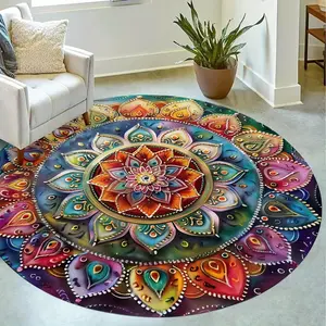 Bohemian Style Round Rug, Boho Floral Rug, Colorful Lotus Pattern Non-slip Floor Mat, Decorative Carpet for Home Living Room Bedroom Study Room, Bohemian Area Rug
