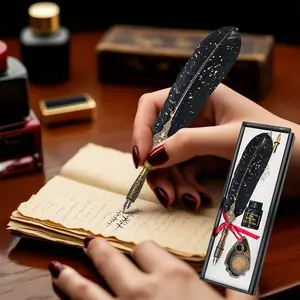 Feather Decor Dip Pen with 1 Black Ink & 2 Replacement Nibs, 1 Set Vintage Multipurpose Writing Tool for Calligraphy & Art, Unique Pens