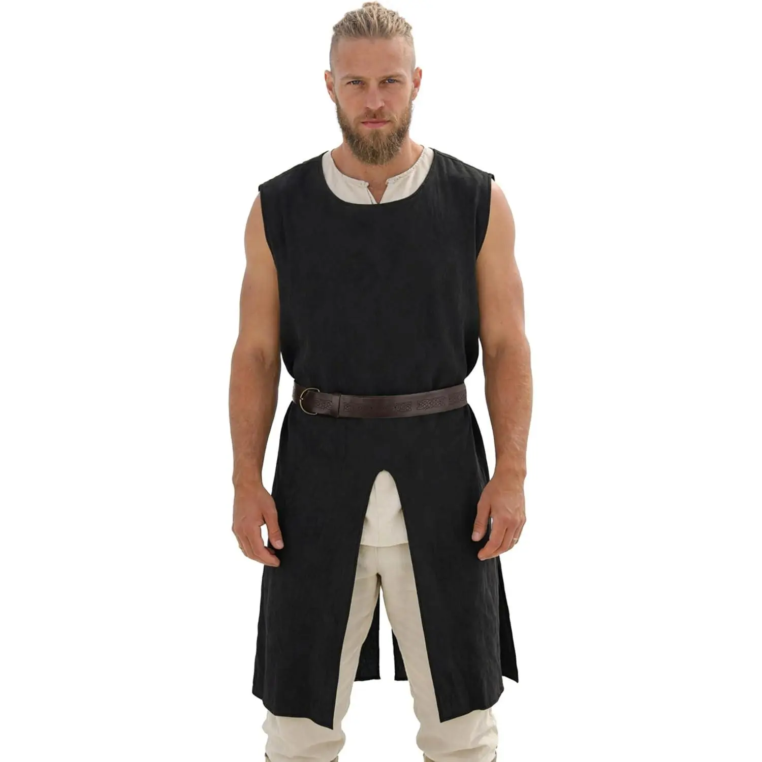 Medieval Sleeveless Tunic Vest, Renaissance Viking Knight Costume Robe, Green and Brown with Black Belt
