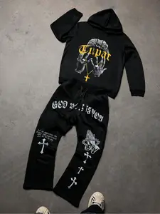 Tiktok Trendy Tupac Gothic Pattern Hoodie Set, Hip Hop Streetwear & Comfortable Home Wear, Cross and Praying Hands Print