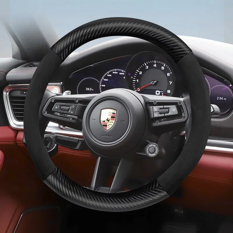 For Porsche carbon fiber texture leather suede steering wheel cover replacement accessories, suitable for models such as Cayenne, Macan, 911, Panamera, 718, Taycan, available in black, red, brown, mocha, Automotive