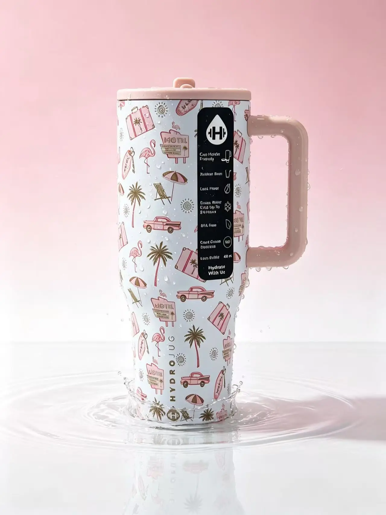 HydroJug 40 oz insulated cup, retro pink vacation flamingo pattern, stainless steel travel cup, with pink handle and straw lid, leak-proof water bottle, with 24-hour refrigeration function, BPA-free drinking utensils