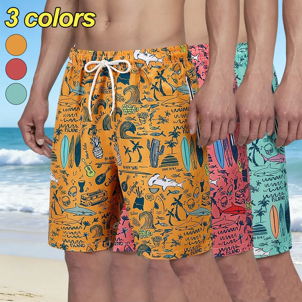 Men’s shark palm tree surfing board fun all-over print beach shorts, loose casual mid-length swim shorts, comfortable breathable straight-leg shorts with adjustable drawstring elastic waistband, suitable for everyday wear, commuting, and vacations.