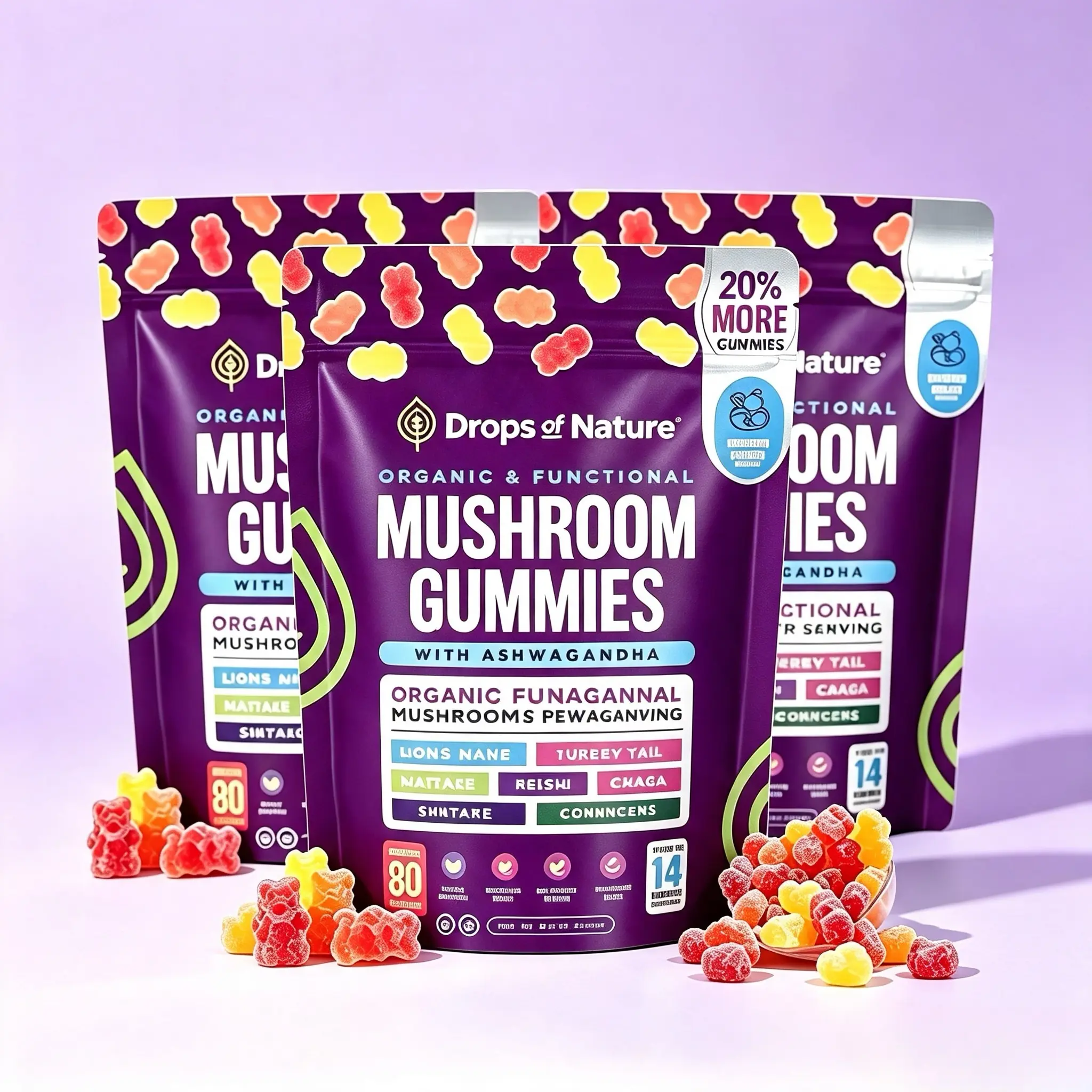 Organic Mushroom Chewable Gummies - Lion’s Mane, Reishi, Turkey Tail - Energy & Stamina Support for Sports & Fitness - All Natural Sleep Supplement (80 Count)