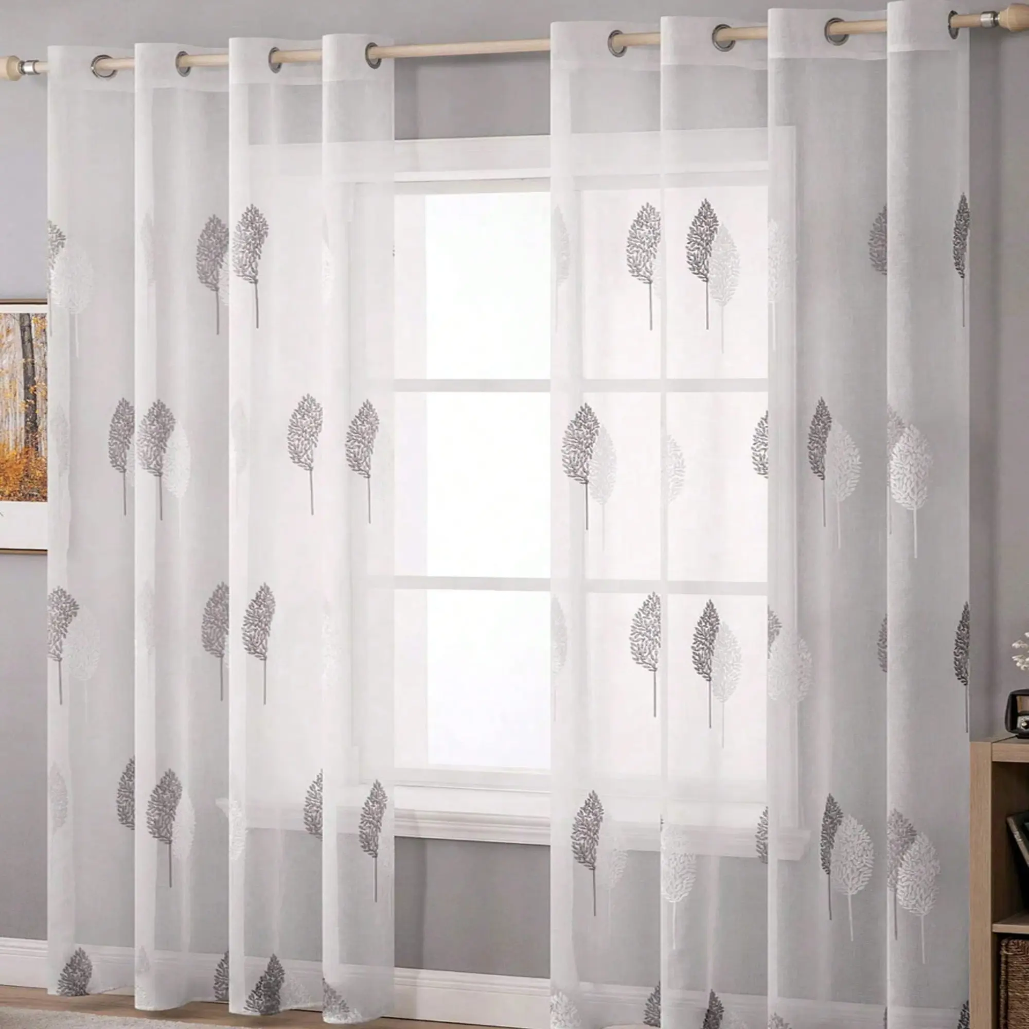 1pc Convenient Hanging Decorative Sheer With Gray Tree Leaf Jacquard Design, Living Room, Home Decoration Window Curtain