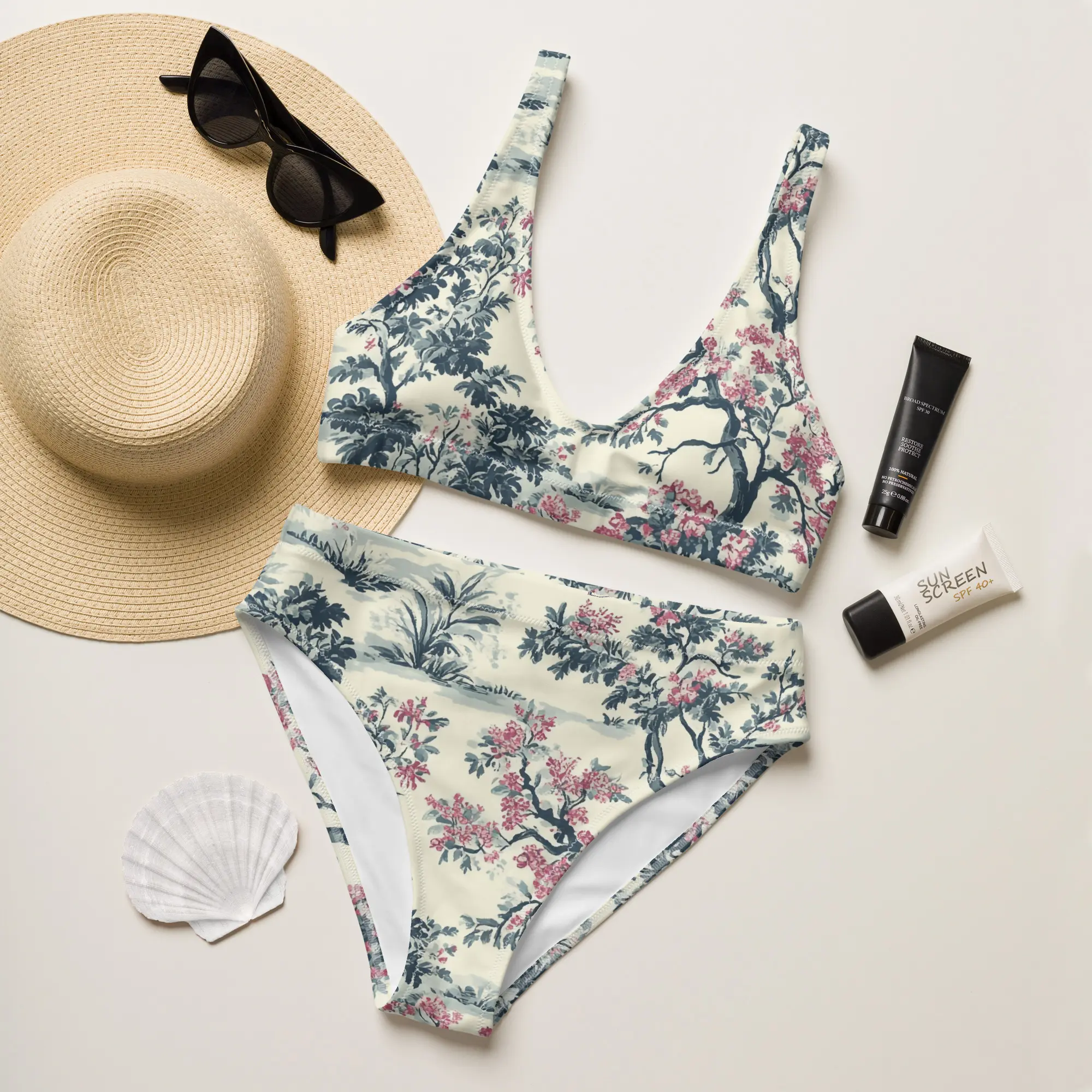 Japanese Floral high-waisted bikini - Brazilian Bikini  - Holiday Gift Sets - Beach Vacation Outfit - Micro Bikini Top  - Retirement Gifts For Mom - Women's Underwear - Comfy Bridal Panties Love