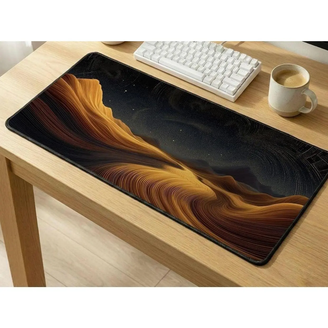 Celestial Dune Desk Mat: Minimalist Desert Mouse Pad, Burnt Sienna Office Decor, Mustard Gold Keyboard Mat, Aesthetic Large Gaming Pad