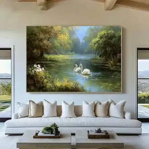 Romantic Swan Lake Landscape Poster Wall Art, Peaceful Nature Gift for Anniversary Wedding, Living Room Bedroom Decor, Soft Sunlight Forest River Scene with Elegant White Swans