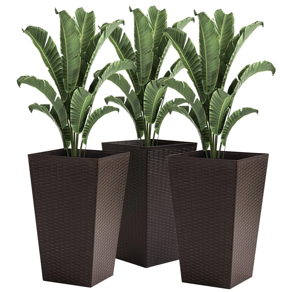212 Main 845-719BN Tall Square PP Plastic Rattan Look Dual-Use Garden Raised Plant Pots, 24 in. Outsunny Indoor-Outdoor Flower Pot Set for Patio & Deck (Set of 3, Brown)