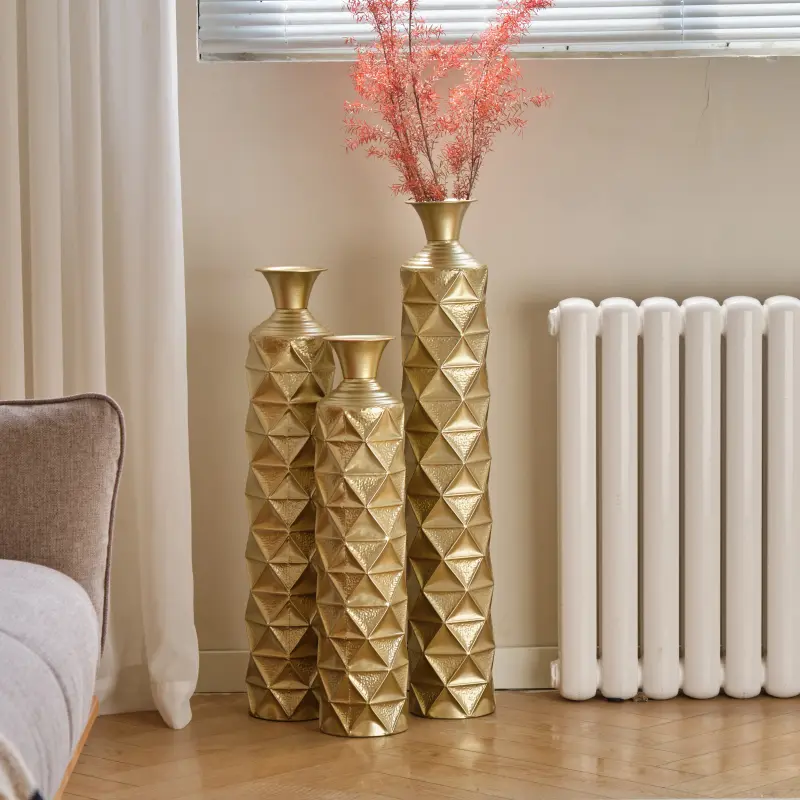 Gold Antique Geometric Metal Decorative Cylinder Vases 3-Piece Set with Box - High-Distress 3D Triangle Pattern Centerpieces, 33.5in, 29.5in, 25.2in Heights for Home Decoration