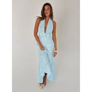 Invisible String Cowl Plunge Backless Maxi Dress Light Blue