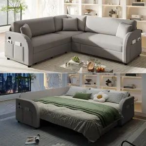 85.1" L-Shaped Sofa Couch with Pull-Out Bed,Oversize Convertible Sleeper Sofa with side Pocket & USB Port,Teddy Upholstered Sectional Couches, for Living Room, Apartment, Office,Light Grey， Chaise Modular Deep Seating Sofa,Premium High-Density#Summervibes