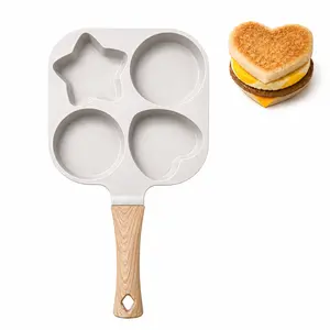 4-in-1 Nonstick Egg Cookware Pan with Wooden Handle - Star & Heart Shape Fried Egg Mold Skillet, Universal Compatibility for Breakfast Sandwich Making Cookware