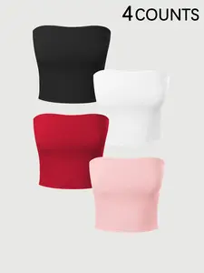 Women's 4 Pack Strapless Tube Crop Tops 2026 Trendy Y2K Sleeveless Cropped Bandeau Tops Basic Slim Fit Going Out Tops for Summer Streetwear Party Aesthetic Soft Comfy Casual Tube Tops for Teen Girls Ladies Workout Beach Outfits Multiple Colors Available
