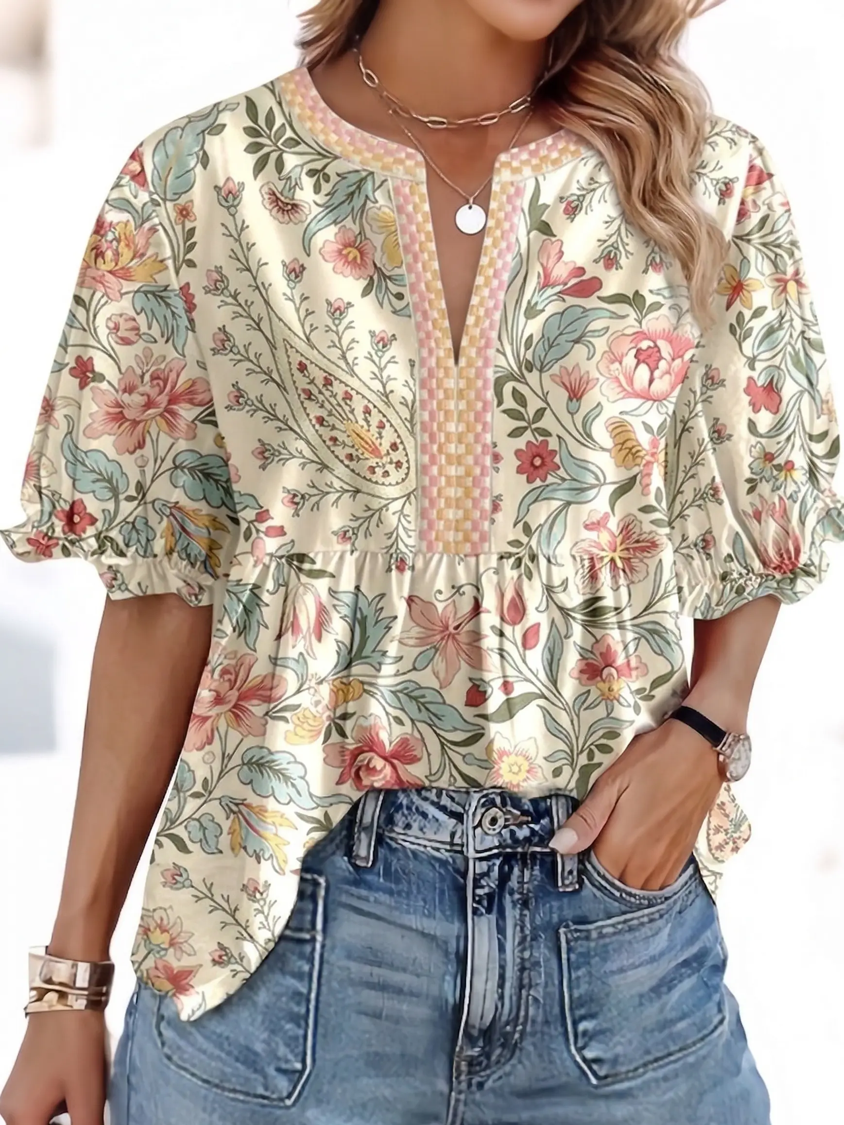 Women's Chic Petal Paisley Floral Babydoll Blouse - Boho Puff Sleeves, Notched Neck, Pastel Checkered Trim, Empire Waist - Blouses for Women, Style Inspo, Going Out, OOTD Ideas, Dress Casual Shirts