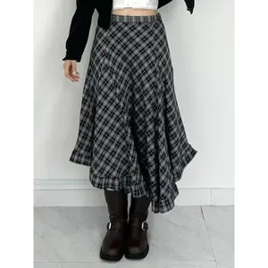 Women's Plaid Ruffle Hem Pleated Long Skirt Y2K Vintage Preppy Style, Versatile High Waist A-Line Midi Skirt for Casual Wear, Fashion Plaid Skirt