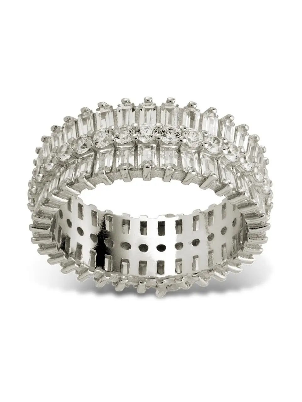 Izabella Statement Ring for Women, Bridal Sterling Silver Triple Row Eternity Band with Glamorous Baguette & Round CZ Cluster, Cluster Rings, Bridal Eternity Ring