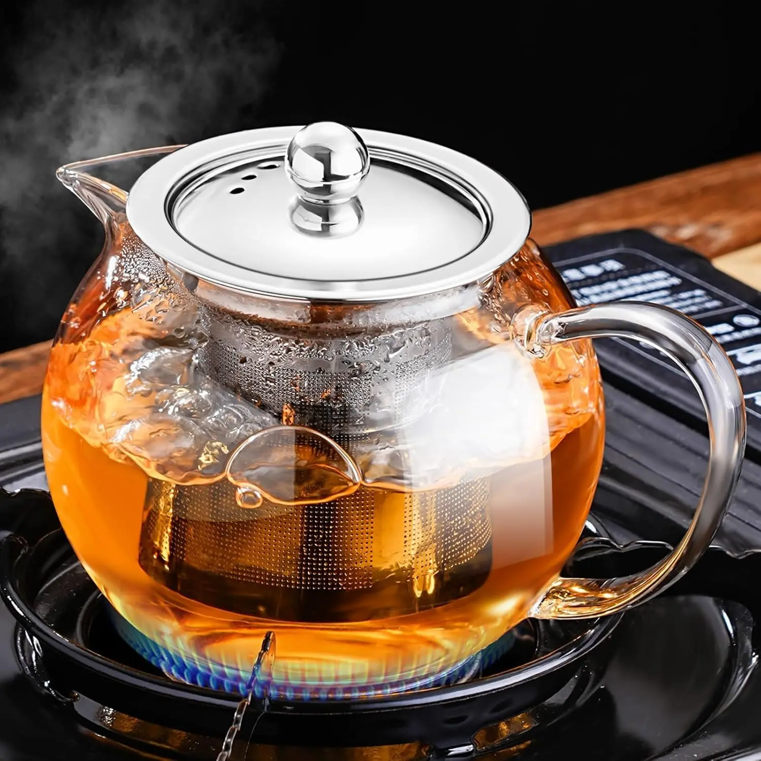 Glass Teapot Stovetop 50 OZ/1500ml,  pot with Removable 18/8 Stainless Steel Infuser, Borosilicate Clear  Kettle, Teapot Blooming and Loose Leaf  Maker  Brewer for Camping, Travel