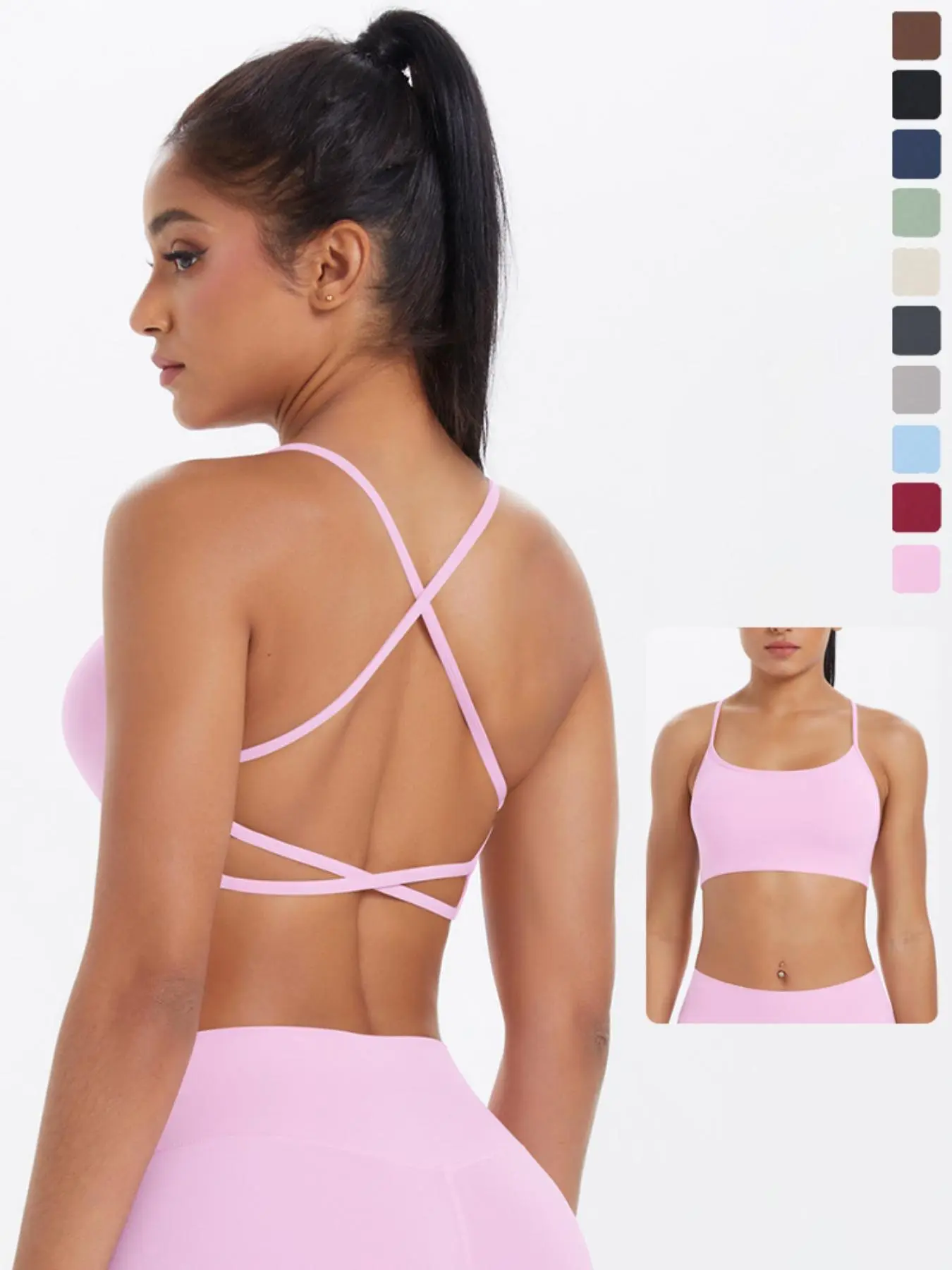 Women's Solid Criss Cross Back Strappy Sports Bra, High Elasticity Athletic Fitted, Comfortable Breathable Crop Top for Yoga and Gym