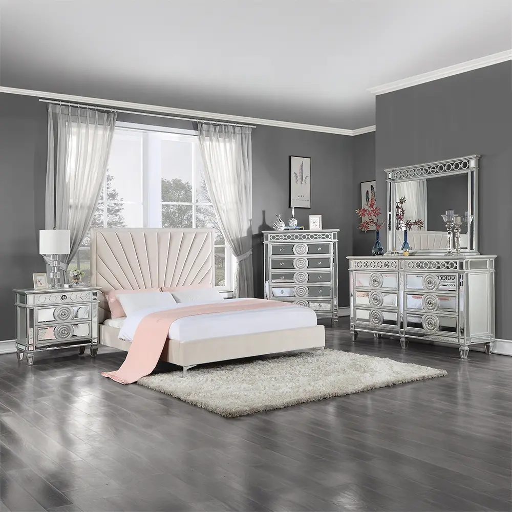 Acme BD00957Q-4PC 4-Piece Modern Faiz Beige Velvet Fabric Sunburst Tufted Channel Design Mirrored Silver Finish Wood Queen Bedroom Set with Nightstand, Indoor Furniture for Bedroom, Modern Bedroom Set