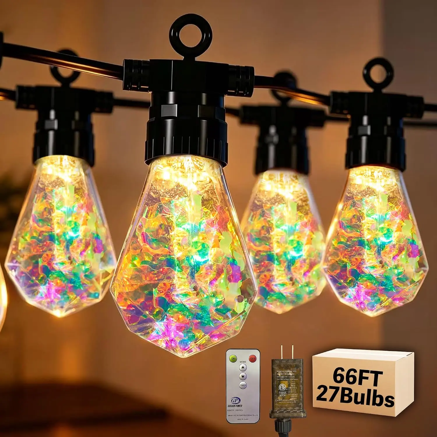 Outdoor String Lights, 66FT 27 LED Iridescent Holographic Bulbs, Waterproof Patio Lights with Remote Control, Shatterproof Connectable Lights for Backyard, Porch, Garden, and Party