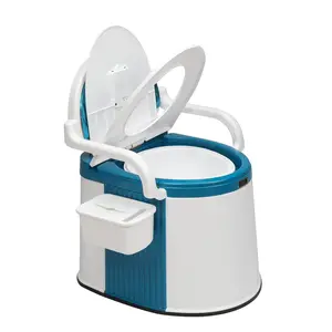VINGLI Portable Toilet | Back & Handrail Design Commode with 5 Gallon Bucket Inner, Camping RV Toilet for Adult, Kids, Home, Boat, Van, Travel, Plastic, Blue & white