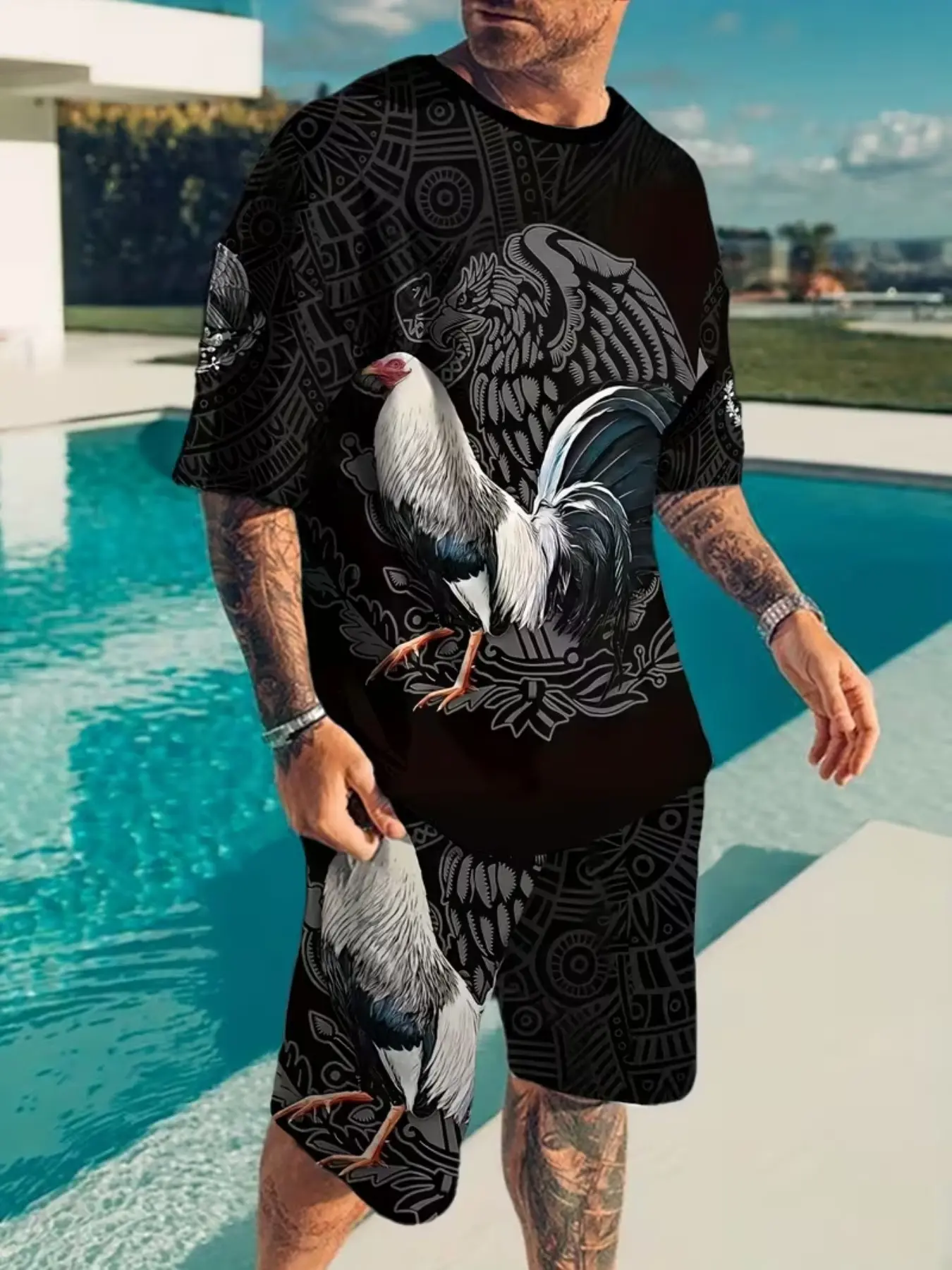 Men's Fashion Mexican Rooster 3D Print Casual Sports Set, Round Neck Cropped Tee & Short Pants, Breathable Polyester Fiber, Summer, Outdoor