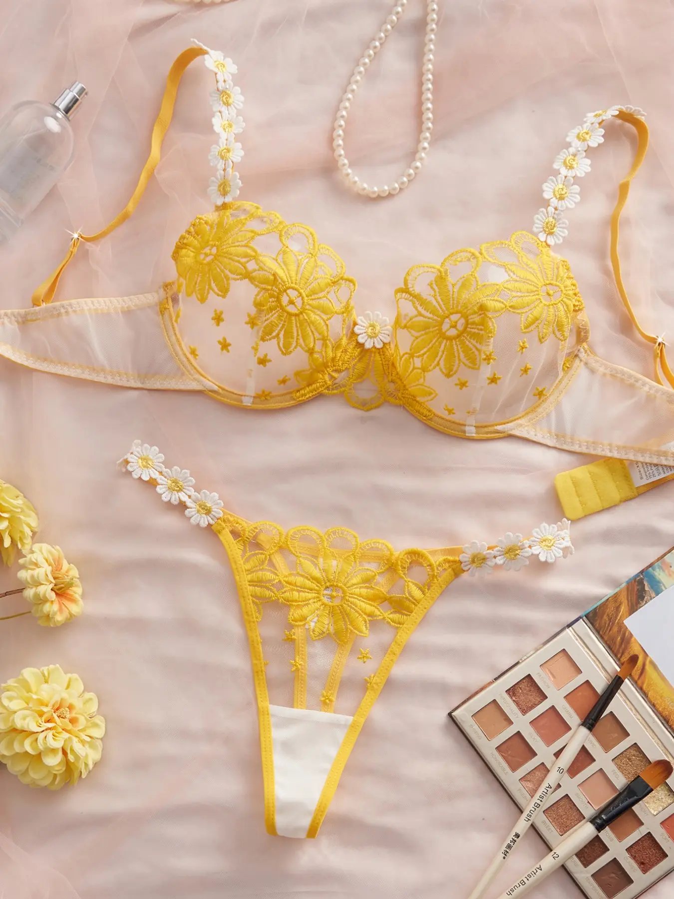 Lace Sheer Bra Set with Floral Eyelet Embroidery, Sexy Party Clubwear for Women, Romantic Lingerie for Intimate Occasions, Perfect Valentine's Gift, Underwear, Clothing, Fit, Medium