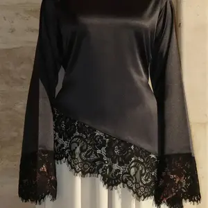 Lace trimmed satin lace up shirt, single size comfortable women's top # MS624RAIMENTRY