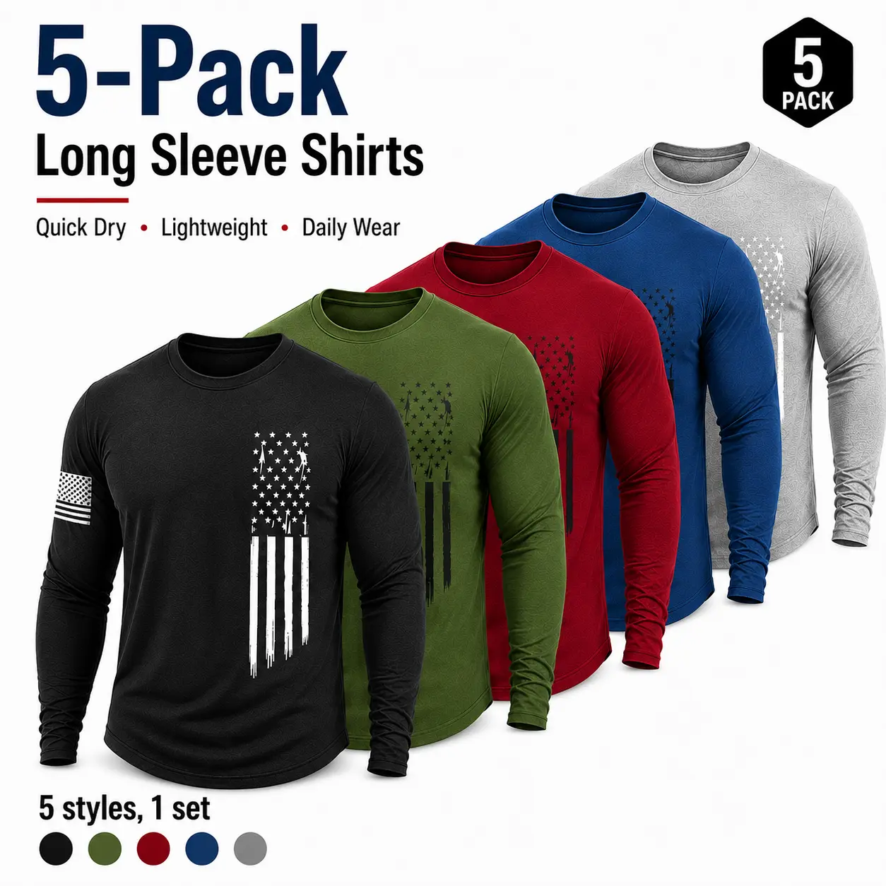 Men’s 5-Pack Long Sleeve Athletic Shirts, Quick Dry Lightweight Workout Tees, Breathable Crew Neck Tops for Gym, Work & Daily Wear