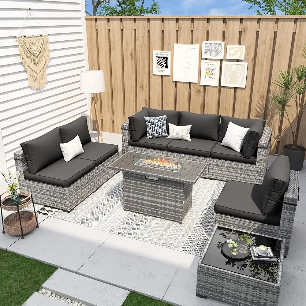 [Labor Day]Amopatio 8 Pieces Patio Conversation Set with Firetable,Wicker Rattan Sofa with Cushion,Outdoor Furniture with Cover Fit Porch/Garden/Deck