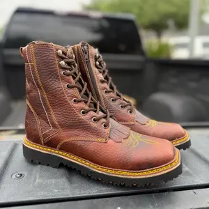 Zapato suela tractor- Brown Leather Ankle Boots with Lace-Up Design and Yellow Stitching