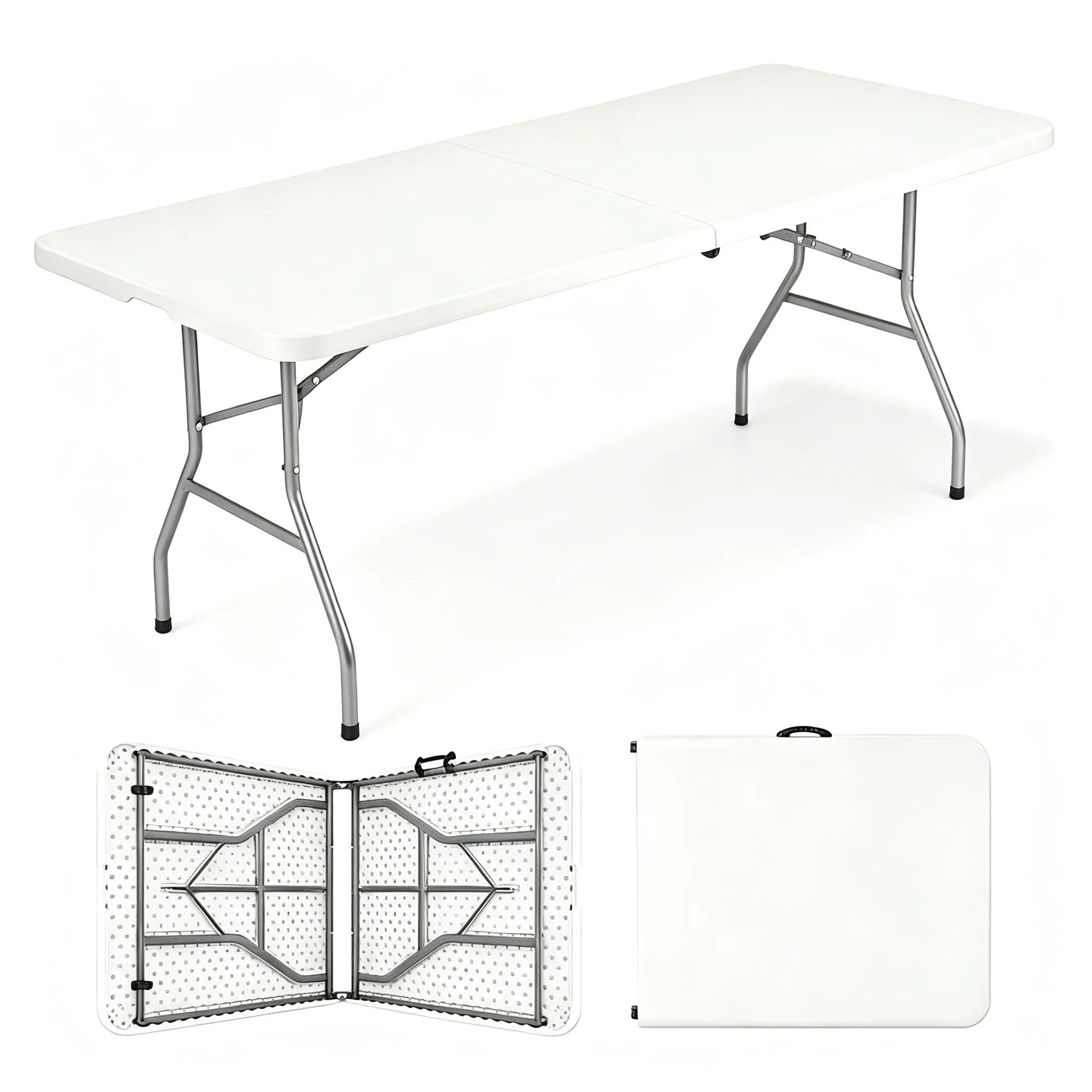 6FT Plastic Folding Table, Heavy-Duty Fold-in-Half Portable Table with Built-in Carrying Handle & Steel Legs, Lightweight Indoor Outdoor Picnic Table for Party, Dining, Camping, Wedding, Events, Utility, White