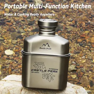CASTLEPEAK Pure Titanium Military Canteen Mess Kit - 33.81 oz Canteen, 25.36 oz Cooking Pot, 25.04 oz Full Set with Free Camo Carry Bag, Hanging Hook for Outdoor Camping Survival