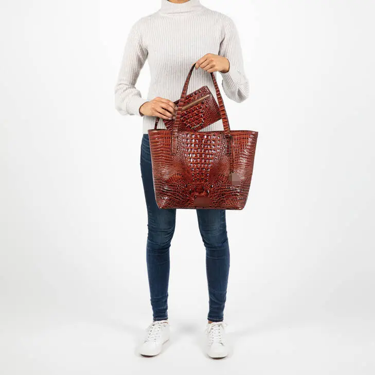 Handheld tote vintage women's bag with multi colored Brahmin crocodile pattern