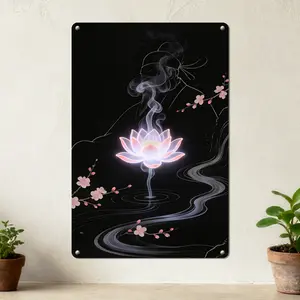 Glowing Lotus Lamp Wall Art - Aesthetic Asian Style Decor with Soft Light & Smoke Effect, Easy Installation (4 Holes), Perfect for Bedroom/Living Room, Ready to Hang Modern Painting