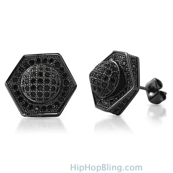 3D Domed Hexagon Black CZ Hip Hop Earrings