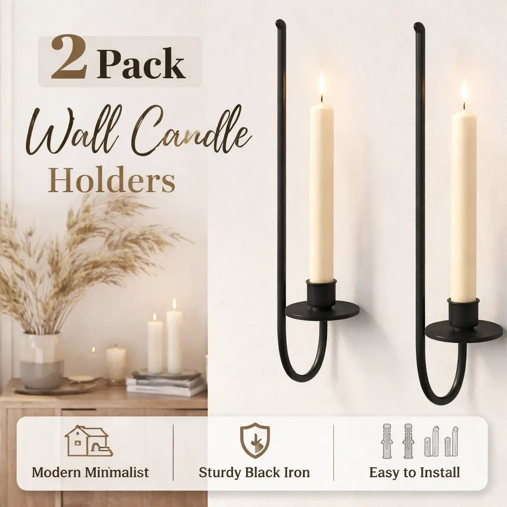 2-Piece Metal Wall Mount Candle Stick Holders - Modern Minimalist Solid Iron, 16.5in H×5in L×3in W, Slender Lines, Taper-Holding Kitchen Hanging Accessories for Anniversary, Wedding Decor, Anyone Who Loves a Cozy Home