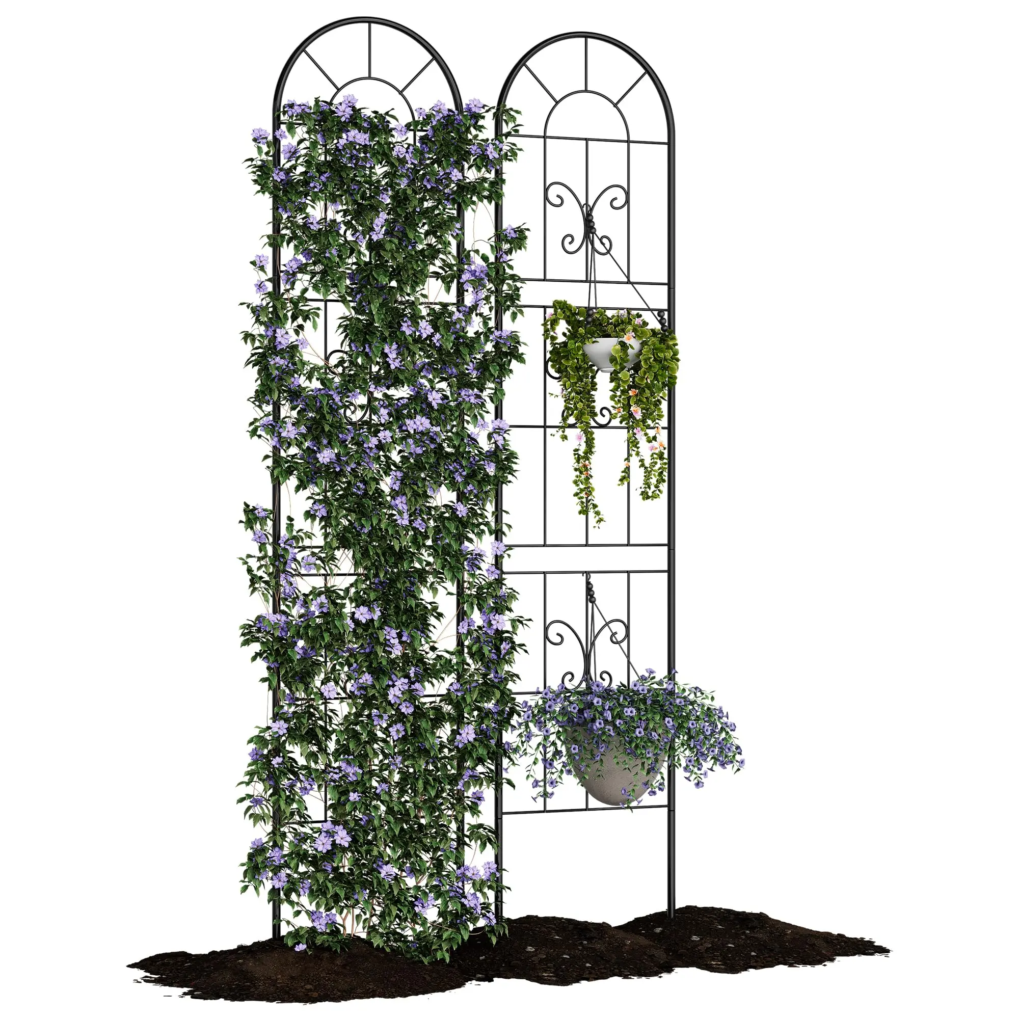 Decorative Rustic Iron Garden Lattice Trellises (2-Pack, 55.1 in H x 11.8 in W) - Sturdy Black Metal-Coated Arched Outdoor Decor, Easy-Setup Support for Climbing Plants, Roses, Vines