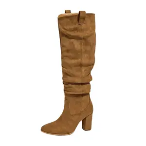 Women's Suede Knee-High Boots Round Toe Mid Calf Chunky Heel Zipper Fashion Tall Western Boot Leather High Heel Brown Casual Fall 2025 Girl Walking Shoes