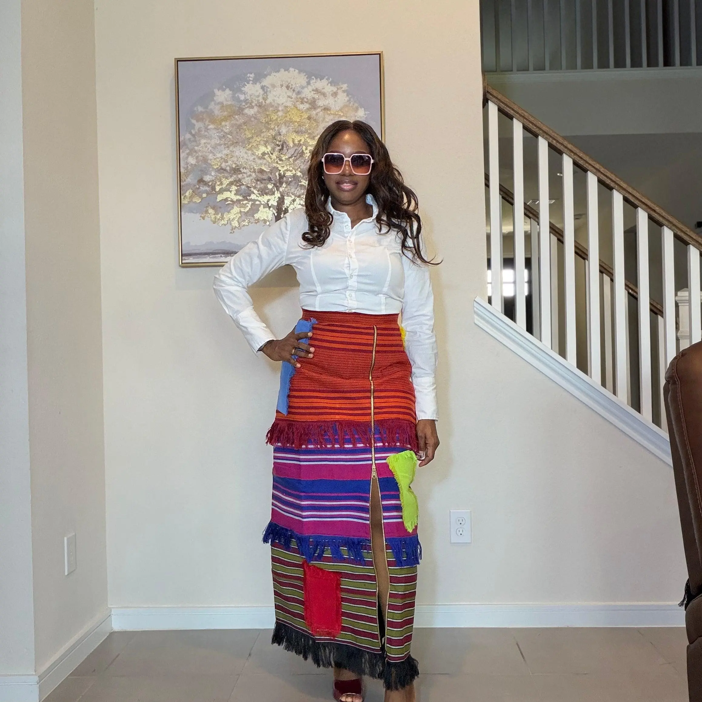 Colorful African Aso Oke Fringe Skirt, Handmade Aso Oke Patchwork Skirt