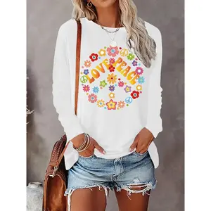 Plus Size Women's Casual Long-Sleeve Crew Neck T-Shirt - Vibrant Floral & Peace Sign Rainbow Print, Soft Breathable Fabric, Machine Washable, Essential for Spring & Autumn, Loose Fit, Trendy Design, High-Quality Stitching, Bohemian Style Blouse