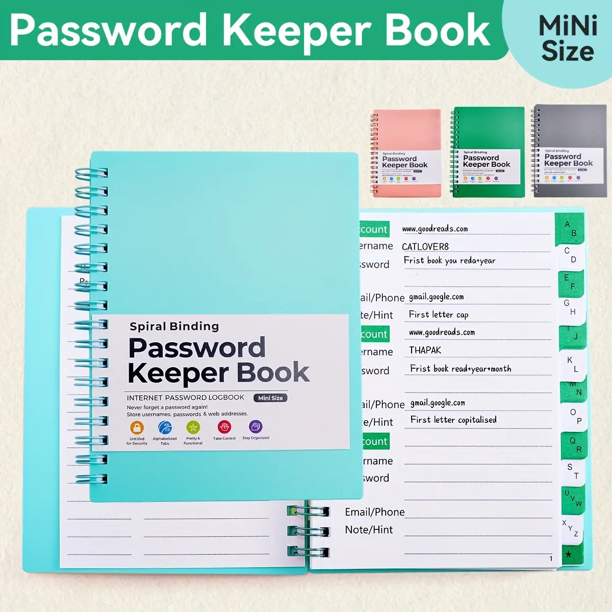 Mini Size Spiral Password Keeper Book With Alphabetical Tabs, Password Notebook daily journal 2025 planner collection christmas blank journals