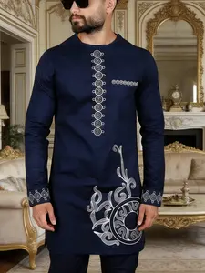 Men's Dashiki Set, Ethnic Style, Round Neck, Long Sleeve, Embroidered, Pockets, Shoulder Zipper, Split Hem, Drawstring Waist Pants